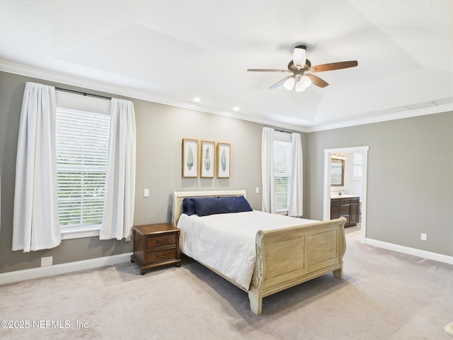 96168 High Pointe Dr, Fernandina Beach, FL 32034 - bedroom featuring crown molding, light colored carpet, multiple windows, recessed lighting, and connected bathroom