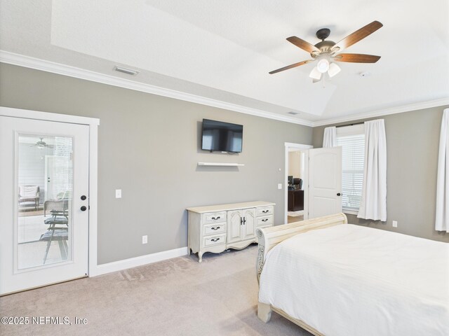 96168 High Pointe Dr, Fernandina Beach, FL 32034 - bedroom with crown molding, multiple windows, light colored carpet, and ceiling fan