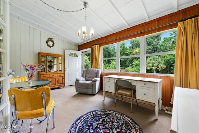 1206 Nightingale Ct, Jacksonville, FL 32216 - carpeted office space with lofted ceiling, a chandelier, and wood walls