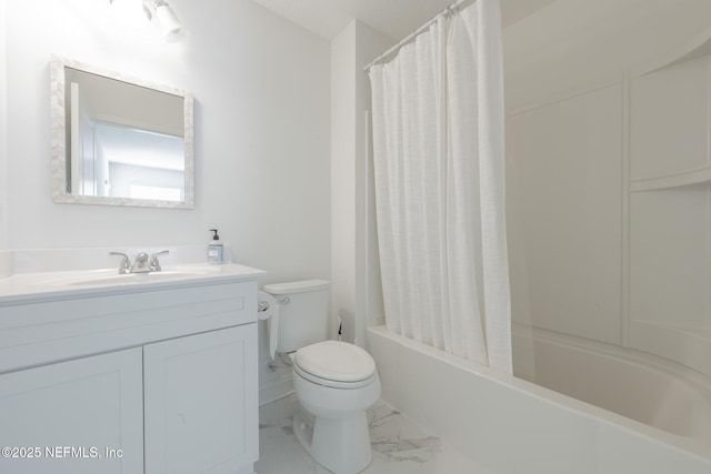 97082 Harbor Concourse Cir, Fernandina Beach, FL 32034 - bathroom with vanity, marble finish flooring, and shower / bath combo with shower curtain