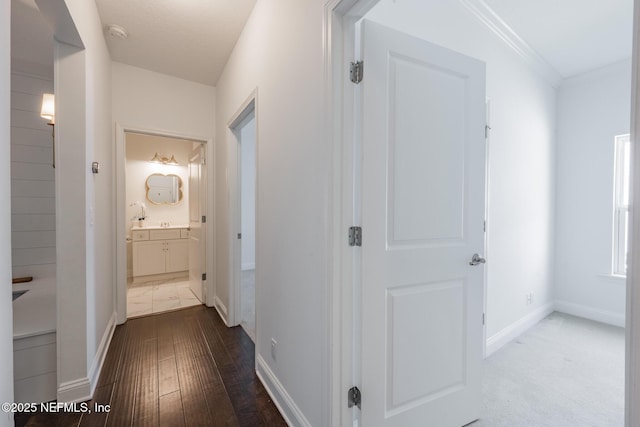 97082 Harbor Concourse Cir, Fernandina Beach, FL 32034 - hallway featuring ornamental molding and dark wood-style floors