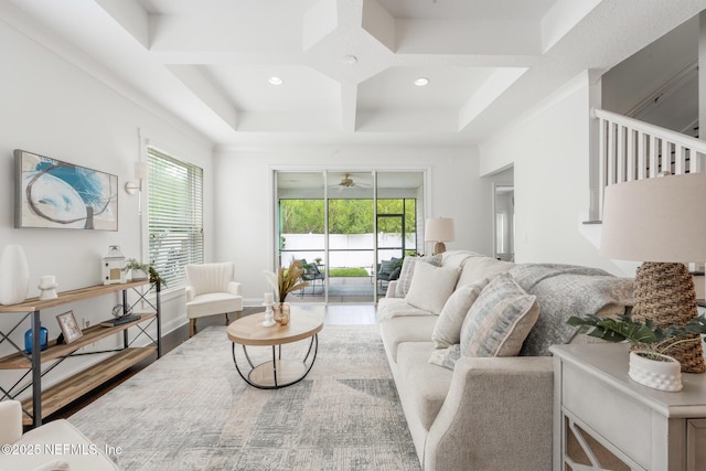 97082 Harbor Concourse Cir, Fernandina Beach, FL 32034 - living area with coffered ceiling, ceiling fan, recessed lighting, beamed ceiling, and wood finished floors