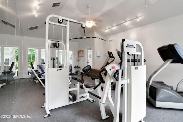 1800 The Greens Way Unit 605, Jacksonville Beach, FL 32250 - exercise room featuring rail lighting, a ceiling fan, and high vaulted ceiling