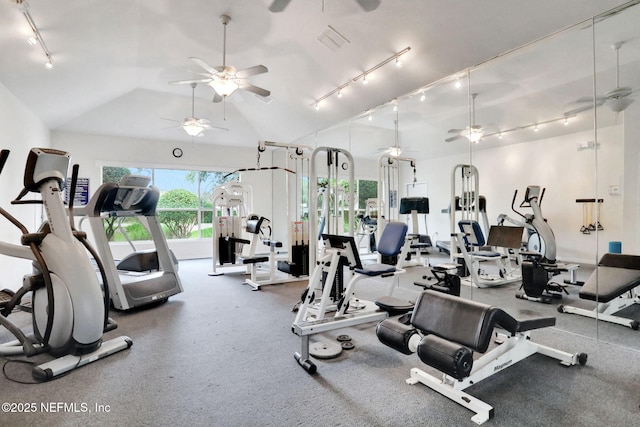 1800 The Greens Way Unit 605, Jacksonville Beach, FL 32250 - gym featuring rail lighting, a ceiling fan, and lofted ceiling