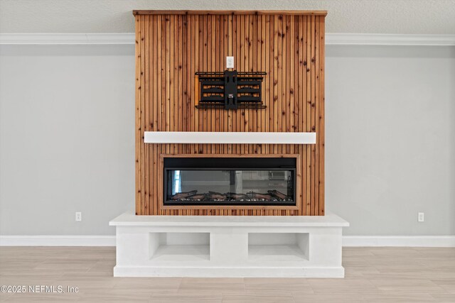 3024 Las Calinas Blvd, Saint Augustine, FL 32095 - detailed view of crown molding, a glass covered fireplace, wood finished floors, and a textured ceiling
