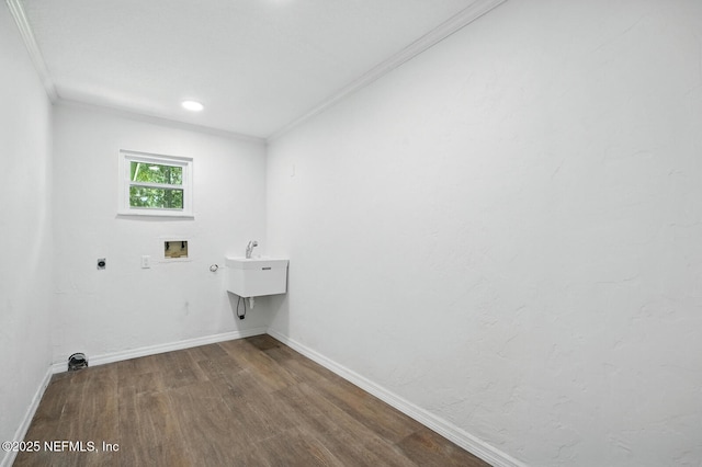 2181 Glenwood Hammock Rd, Deland, FL 32720 - laundry area featuring electric dryer hookup, crown molding, dark wood-style flooring, washer hookup, and recessed lighting
