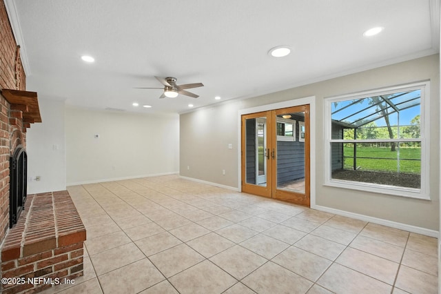 2181 Glenwood Hammock Rd, Deland, FL 32720 - unfurnished living room featuring a ceiling fan, a brick fireplace, recessed lighting, light tile patterned floors, and ornamental molding