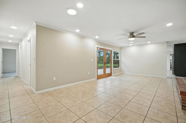 2181 Glenwood Hammock Rd, Deland, FL 32720 - spare room with french doors, ceiling fan, light tile patterned floors, crown molding, and recessed lighting