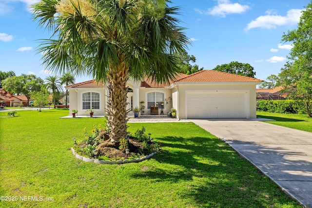 8 Village Cir, Palm Coast, FL 32164 - mediterranean / spanish-style house with an attached garage, concrete driveway, stucco siding, and a tiled roof