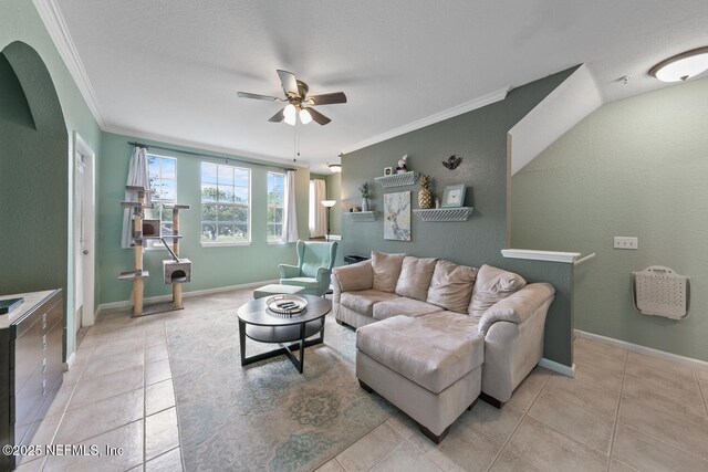 10075 Gate Pkwy N Unit 913, Jacksonville, FL 32246 - living area with ornamental molding, a ceiling fan, and light tile patterned flooring