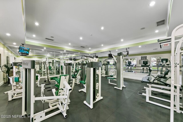 10075 Gate Pkwy N Unit 913, Jacksonville, FL 32246 - gym with ornamental molding, a raised ceiling, and recessed lighting