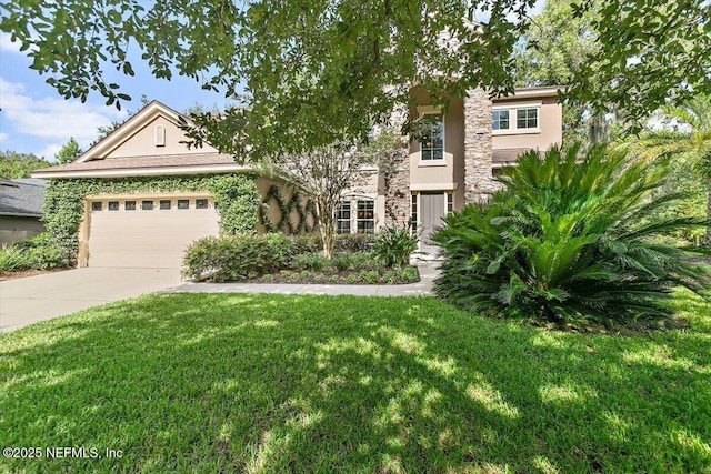 4705 Sawbuck St, Saint Augustine, FL 32092 - view of property hidden behind natural elements featuring stucco siding, concrete driveway, a front yard, a garage, and stone siding