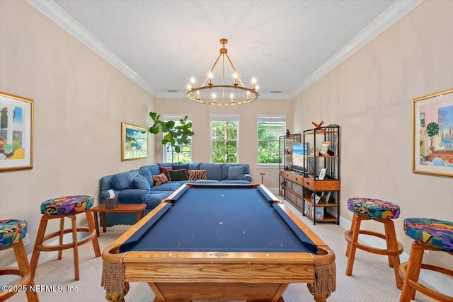 4705 Sawbuck St, Saint Augustine, FL 32092 - recreation room featuring carpet, a chandelier, ornamental molding, billiards table, and a textured ceiling