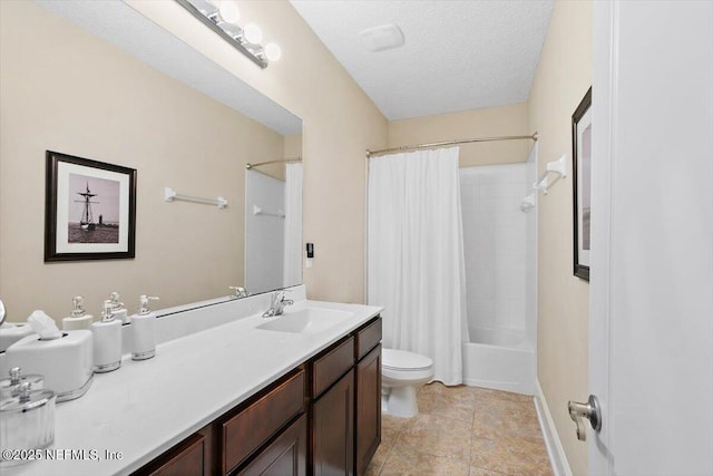 4705 Sawbuck St, Saint Augustine, FL 32092 - full bathroom featuring vanity, shower / bathtub combination with curtain, a textured ceiling, and tile patterned floors
