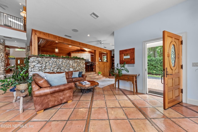 970 Fruit Cove Rd, Saint Johns, FL 32259 - living area with wooden walls, a ceiling fan, and recessed lighting