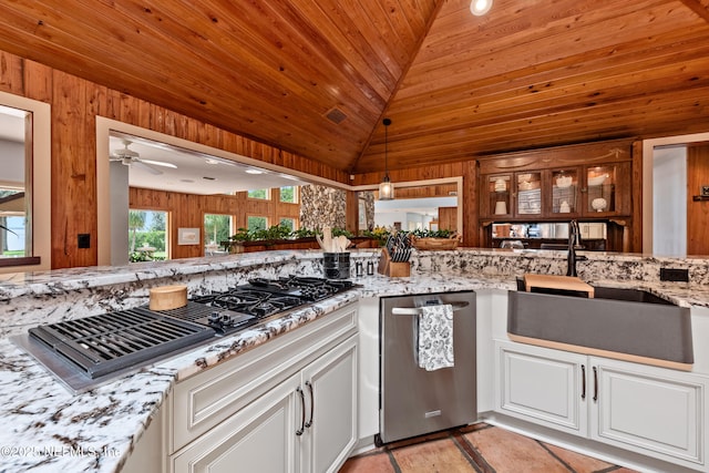 970 Fruit Cove Rd, Saint Johns, FL 32259 - kitchen with white cabinetry, wooden ceiling, light stone counters, stovetop with downdraft, and pendant lighting