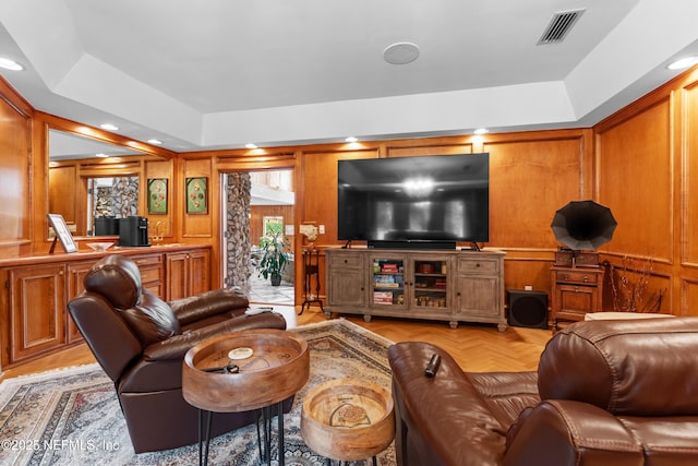 970 Fruit Cove Rd, Saint Johns, FL 32259 - living area featuring wooden walls, a tray ceiling, and recessed lighting