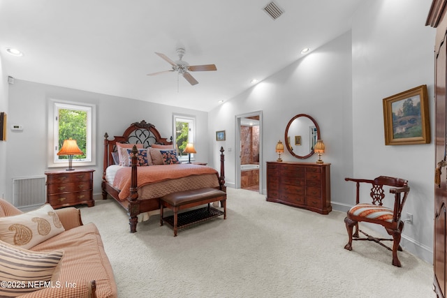 970 Fruit Cove Rd, Saint Johns, FL 32259 - carpeted bedroom featuring vaulted ceiling, connected bathroom, recessed lighting, and ceiling fan