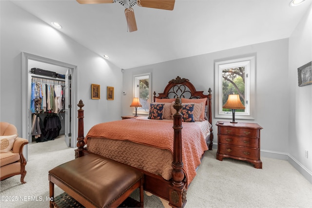 970 Fruit Cove Rd, Saint Johns, FL 32259 - bedroom with carpet floors, a walk in closet, vaulted ceiling, a closet, and a ceiling fan
