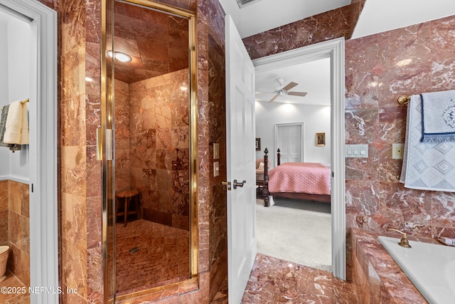 970 Fruit Cove Rd, Saint Johns, FL 32259 - bathroom featuring ensuite bathroom, a garden tub, a stall shower, marble finish floors, and tile walls