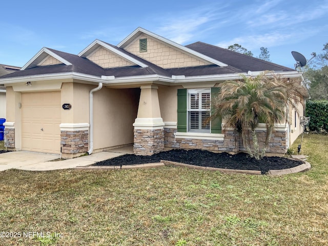 287 Buck Run Way, Saint Augustine, FL 32092 - craftsman-style house with stone siding, a garage, stucco siding, a front lawn, and driveway
