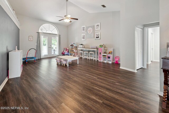 361 SE 34th St, Keystone Heights, FL 32656 - playroom featuring french doors, ceiling fan, wood finished floors, and high vaulted ceiling