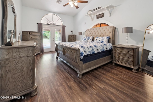 361 SE 34th St, Keystone Heights, FL 32656 - bedroom featuring access to exterior, french doors, vaulted ceiling, dark wood finished floors, and a ceiling fan