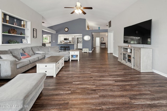 361 SE 34th St, Keystone Heights, FL 32656 - living room with ceiling fan, dark wood-style floors, and high vaulted ceiling