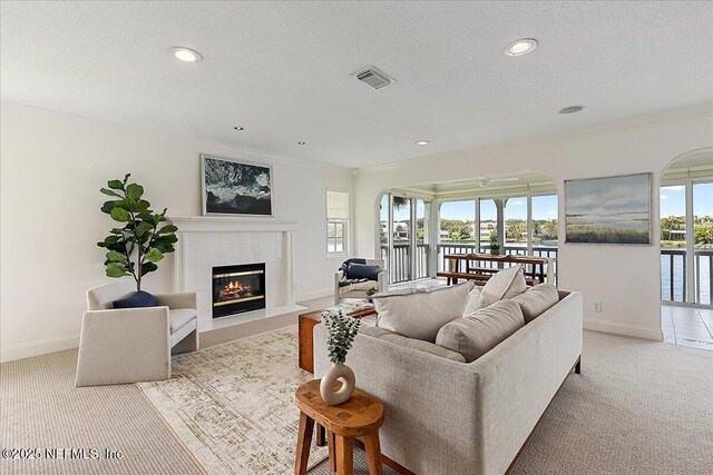 91 San Juan Dr Unit E3, Ponte Vedra Beach, FL 32082 - living area with light carpet, ornamental molding, a fireplace, a textured ceiling, and a water view