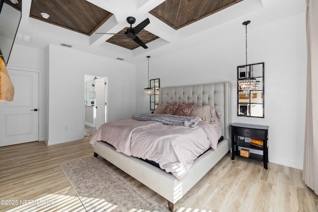 347 Ness Cir, Saint Augustine, FL 32095 - bedroom featuring coffered ceiling, a chandelier, light wood-style floors, beamed ceiling, and a ceiling fan