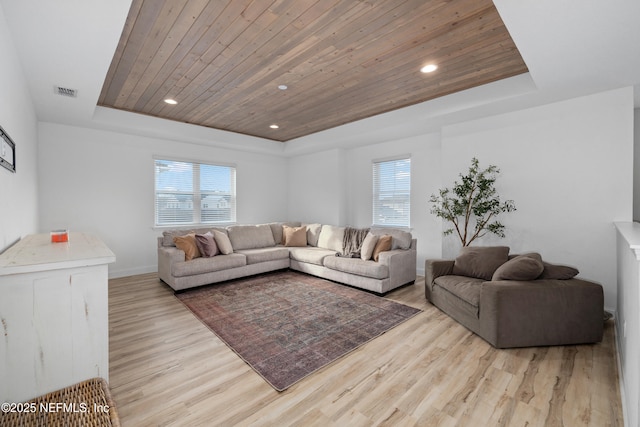 347 Ness Cir, Saint Augustine, FL 32095 - living room featuring a tray ceiling, wooden ceiling, light wood-style flooring, and recessed lighting