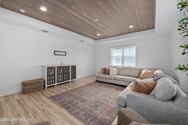 347 Ness Cir, Saint Augustine, FL 32095 - living room with wood ceiling, a raised ceiling, wood finished floors, and recessed lighting