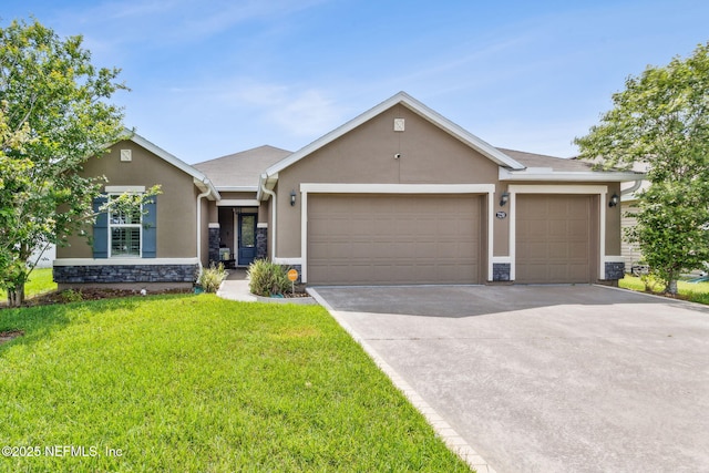 7250 Steventon Way, Jacksonville, FL 32244 - ranch-style home featuring stone siding, stucco siding, a garage, a front lawn, and concrete driveway