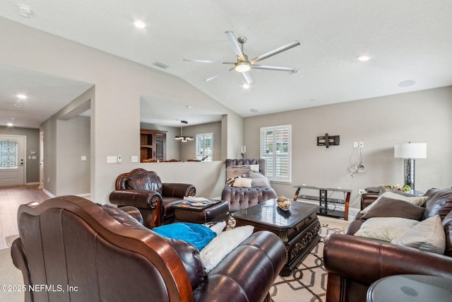 7250 Steventon Way, Jacksonville, FL 32244 - living area featuring a ceiling fan, lofted ceiling, and recessed lighting