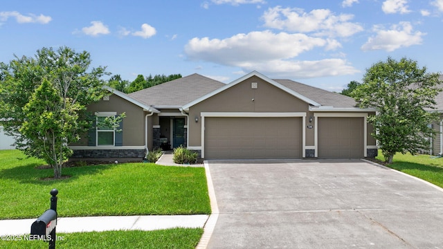 7250 Steventon Way, Jacksonville, FL 32244 - ranch-style home with stucco siding, stone siding, an attached garage, a front yard, and driveway
