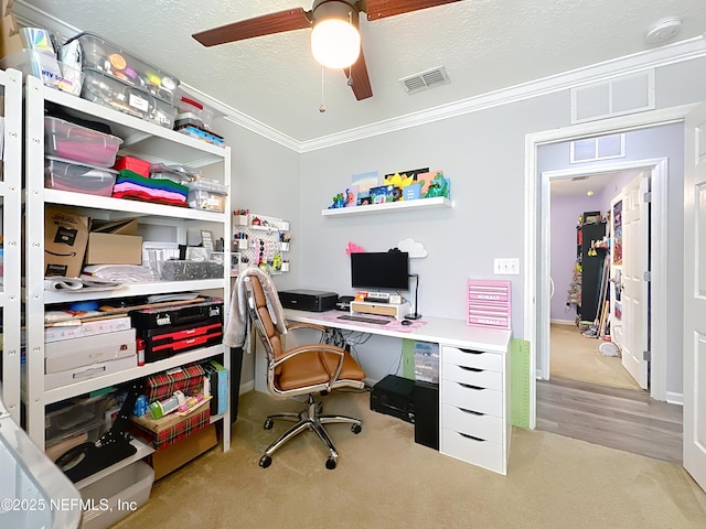 78151 Duckwood Trl, Yulee, FL 32097 - office area with crown molding, a ceiling fan, carpet, and a textured ceiling
