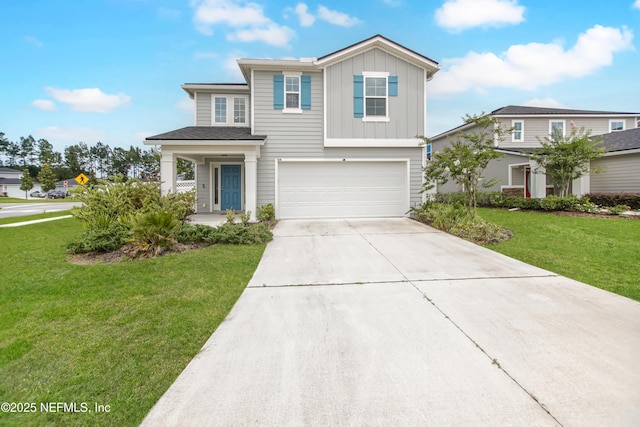 154 Moorcroft Way, Saint Augustine, FL 32092 - traditional-style house featuring an attached garage, concrete driveway, board and batten siding, and a front lawn