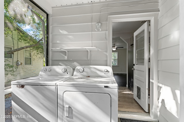 431 W 62nd St, Jacksonville, FL 32208 - washroom with independent washer and dryer, wood finished floors, and ceiling fan