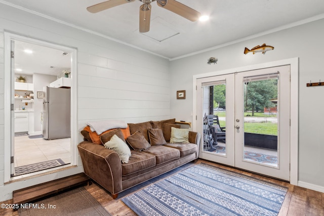 86759 Hester Dr, Yulee, FL 32097 - living area featuring french doors, ceiling fan, light wood-type flooring, and ornamental molding