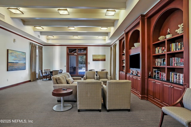 14402 Marina San Pablo Pl Unit 203, Jacksonville, FL 32224 - living area featuring dark colored carpet, beam ceiling, and built in features