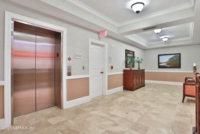 14402 Marina San Pablo Pl Unit 203, Jacksonville, FL 32224 - interior space with elevator, ornamental molding, and a tray ceiling