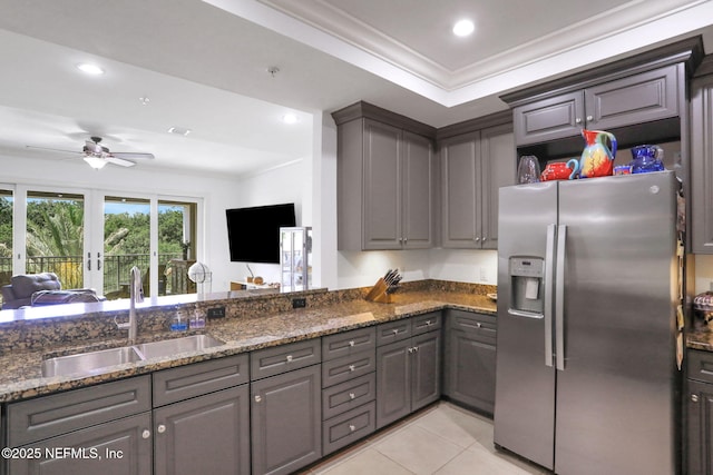 14402 Marina San Pablo Pl Unit 203, Jacksonville, FL 32224 - kitchen with stainless steel fridge with ice dispenser, gray cabinetry, crown molding, dark stone countertops, and recessed lighting