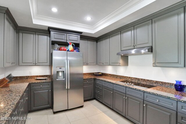 14402 Marina San Pablo Pl Unit 203, Jacksonville, FL 32224 - kitchen featuring stainless steel fridge with ice dispenser, under cabinet range hood, black electric cooktop, light tile patterned floors, and gray cabinets