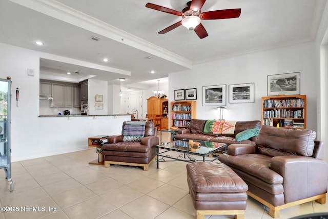 14402 Marina San Pablo Pl Unit 203, Jacksonville, FL 32224 - living room featuring a ceiling fan, ornamental molding, light tile patterned floors, and recessed lighting