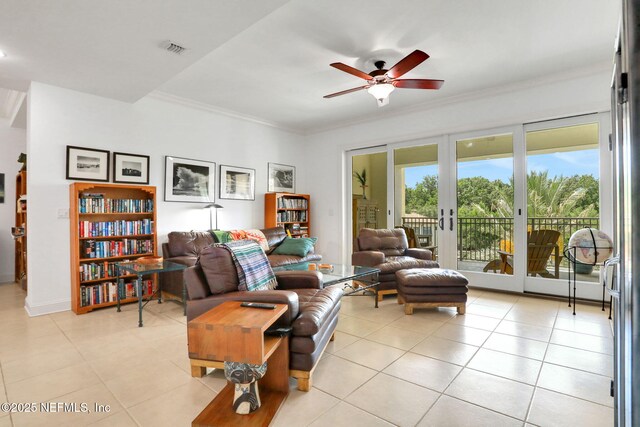 14402 Marina San Pablo Pl Unit 203, Jacksonville, FL 32224 - living room featuring light tile patterned flooring, a ceiling fan, crown molding, and french doors