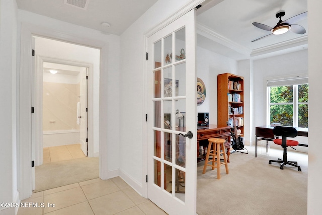 14402 Marina San Pablo Pl Unit 203, Jacksonville, FL 32224 - tiled office with carpet floors, french doors, crown molding, and ceiling fan