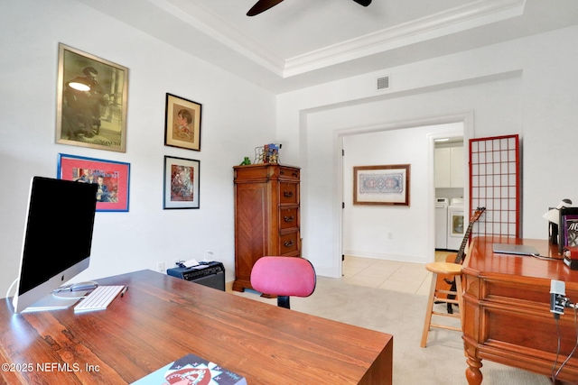 14402 Marina San Pablo Pl Unit 203, Jacksonville, FL 32224 - office space with a raised ceiling, a ceiling fan, ornamental molding, and light carpet