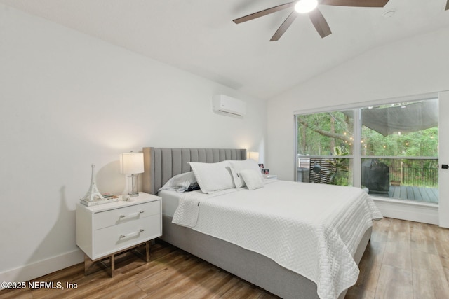 13967 Devan Lee Dr N, Jacksonville, FL 32226 - bedroom featuring an AC wall unit, lofted ceiling, wood finished floors, and ceiling fan