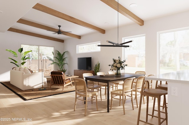 30 Bermuda Run Way, Saint Augustine Beach, FL 32080 - dining room with beam ceiling, light wood-style flooring, a ceiling fan, and healthy amount of natural light