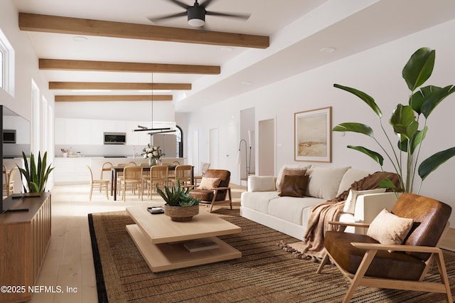 30 Bermuda Run Way, Saint Augustine Beach, FL 32080 - living room featuring a ceiling fan, beam ceiling, and light wood-type flooring